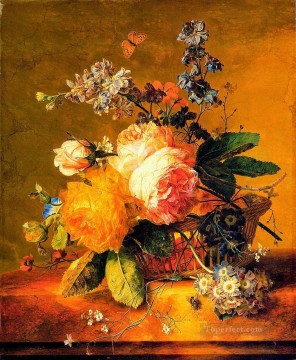 Flowers in a Basket on a marble Ledge Jan van Huysum classical flowers Oil Paintings